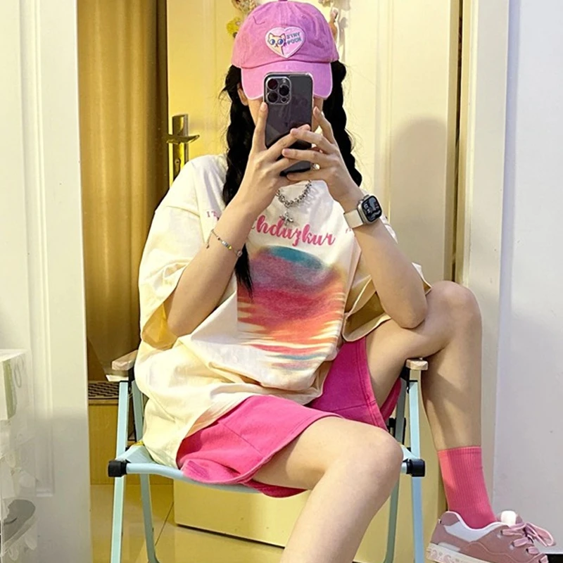 校园风多巴胺穿搭休闲套装夏季女孩中学生短袖短裤时尚一整套衣服