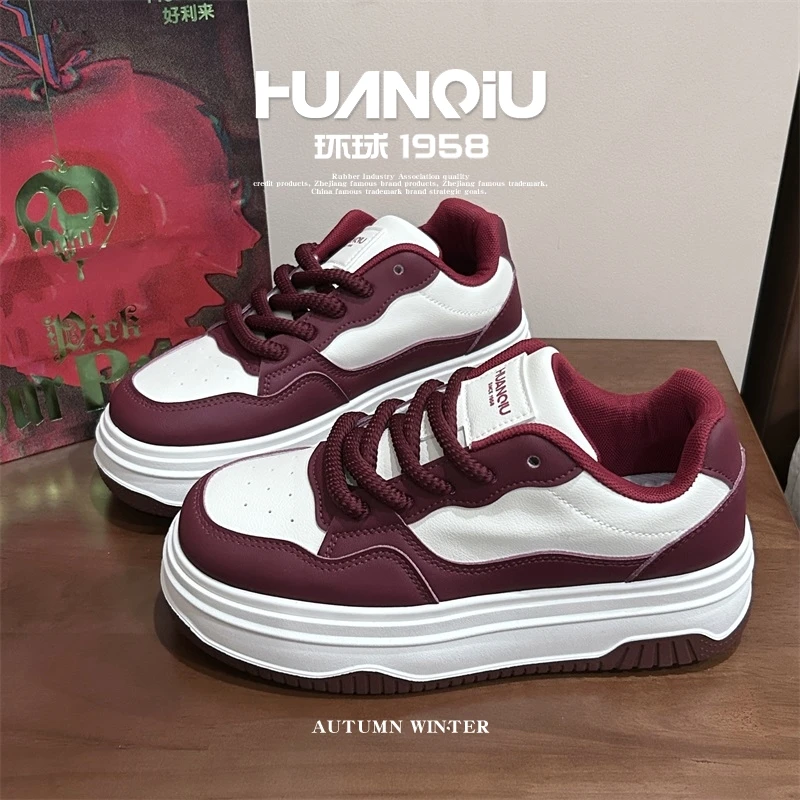 HUANQIU/环球酒红板鞋女款2025春季新款时尚厚底鞋子女韩版运动鞋