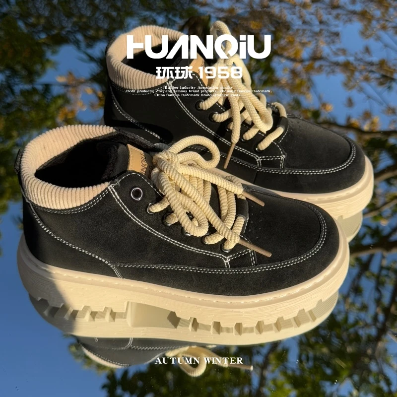 HUANQIU/环球黑色马丁靴女款2025新款时尚百搭厚底靴子女休闲短靴