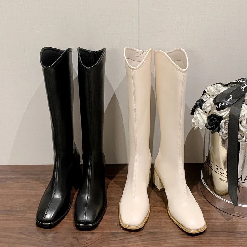 【31码起】2025新款小码313233粗跟长筒靴秋冬骑士靴增高拉链高跟靴