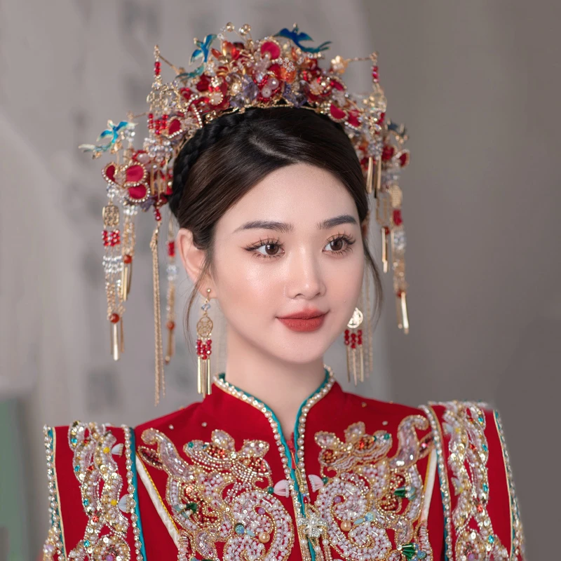 合金婚庆饰品 中式新娘头饰红色凤冠蓝色凤凰秀禾发饰GG610-G022