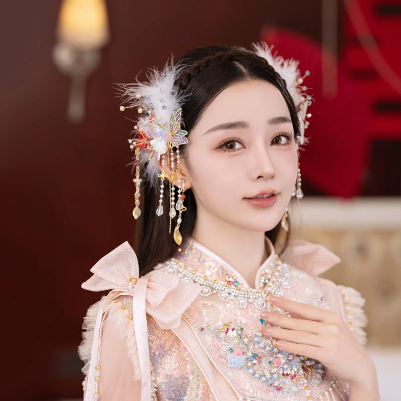 非金属羽毛婚庆饰品 GG85-G243新娘头饰中式古风羽毛发夹流苏发饰