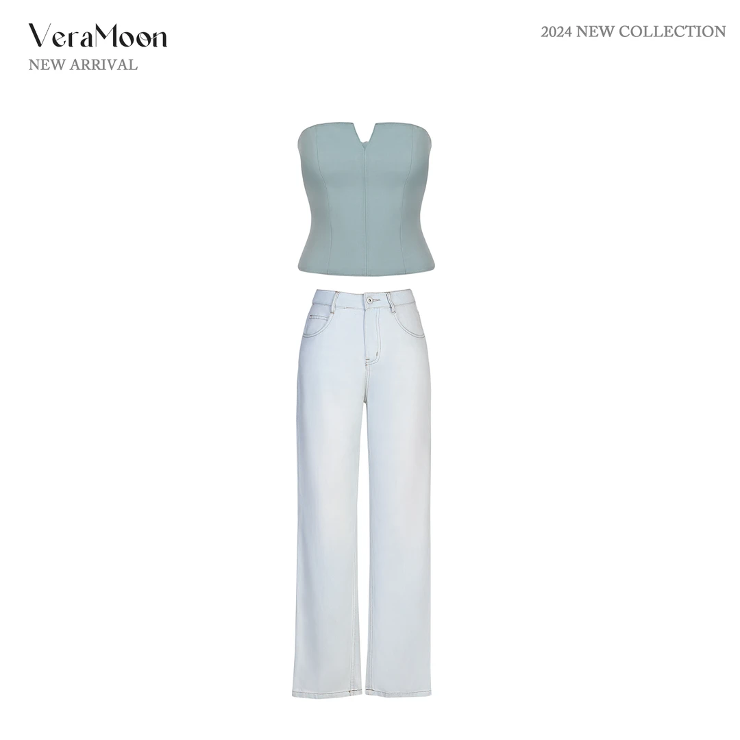 Rose Owner 7折粉丝福利～一抹青绿抹胸上衣/宽松直筒牛仔裤套装