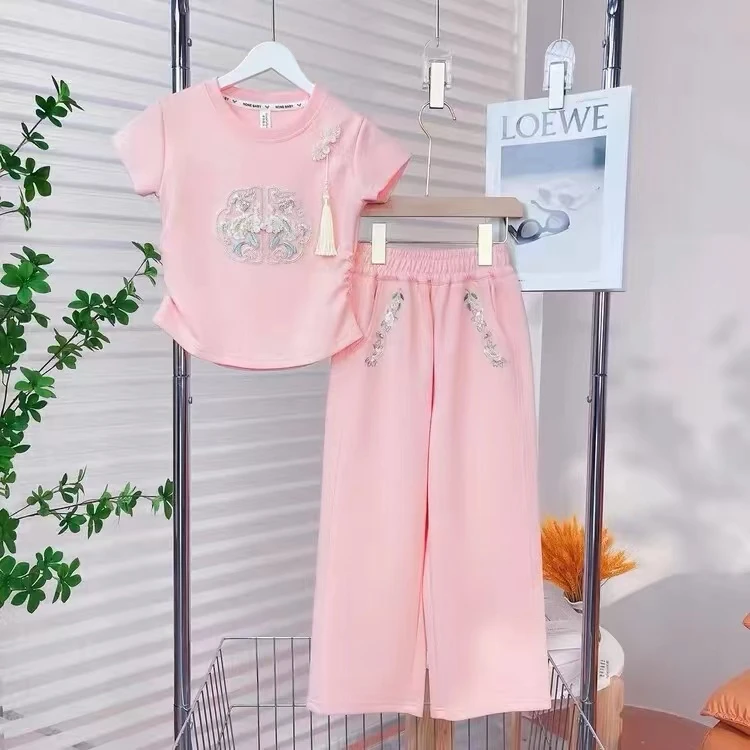 女童夏款新中式套装2024新款时髦女大童夏季国风短袖阔腿裤两件套