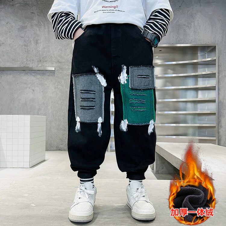 男童2023新款高品质冬款加绒加厚束脚牛仔裤中大童秋冬九分长裤潮