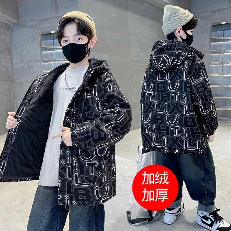 男童冬装加绒外套23新款中大童秋冬季儿童加厚男孩棉衣字母派克服