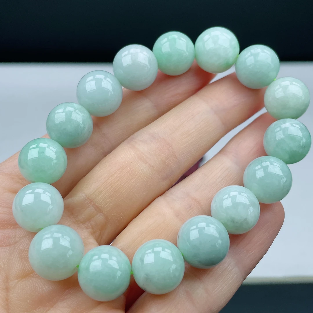 放漏价天然A货翡翠 12mm+冰润浅绿色圆珠手串 百搭男款女款
