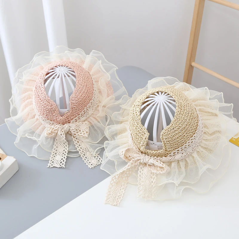 森系小清新儿童蕾丝飘带空顶遮阳帽子夏季可爱女童蝴蝶结防晒草帽
