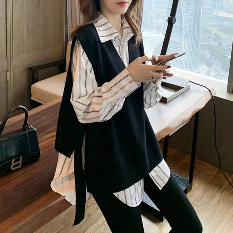 大码女装遮肚子长袖条纹衬衣女春秋季胖mm宽松显瘦衬衫马甲两件套