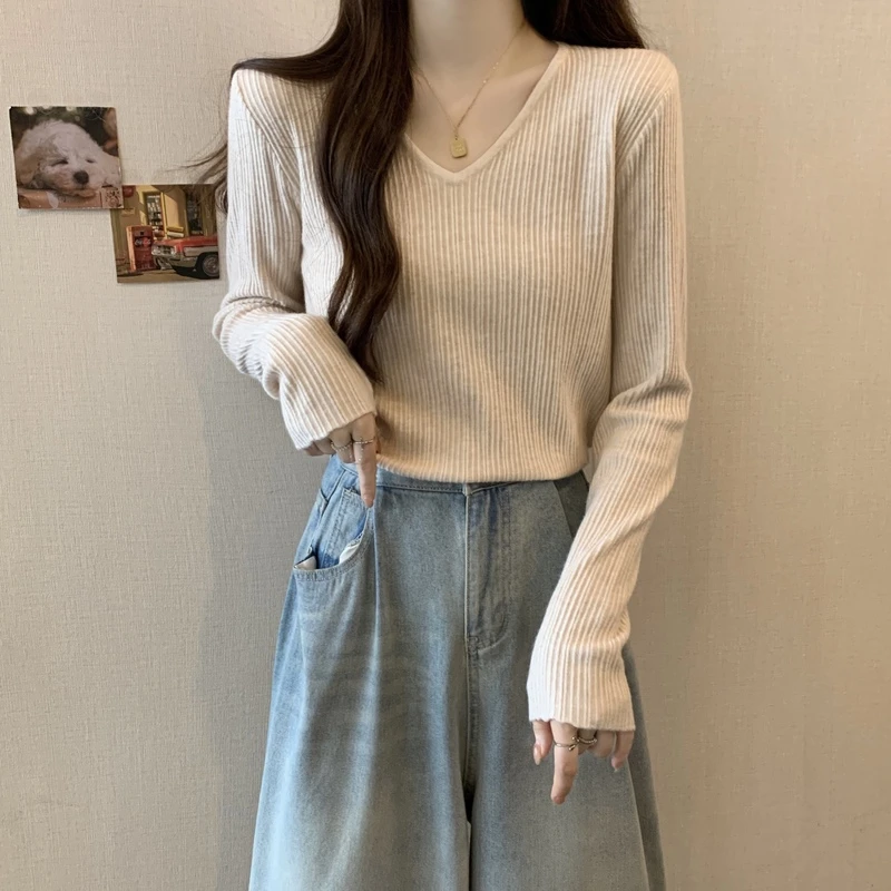 高级感V领针织打底衫女春秋大码胖妹妹显瘦遮肚藏肉正肩洋气上衣