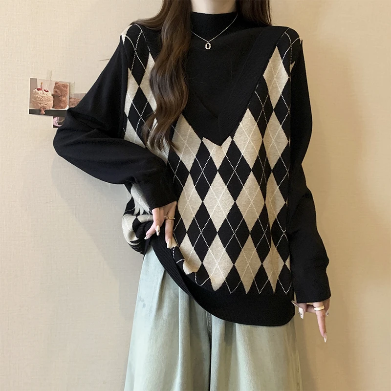 大码半高领针织打底衫女秋冬胖mm显瘦洋气上衣百搭假两件正肩毛衣