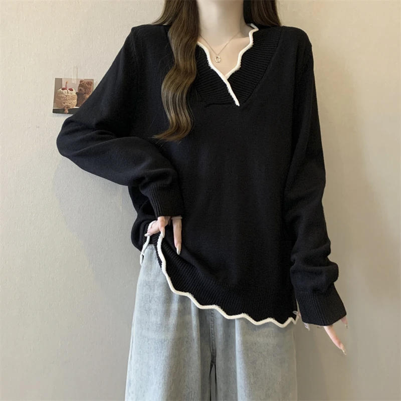 秋冬大码设计感撞色遮肚子针织打底衫女胖mm宽松显瘦气质毛衣上衣