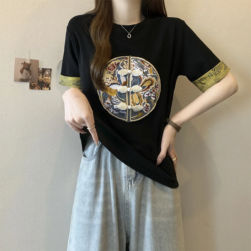 大码高级感国风刺绣T恤女夏季新款胖妹妹遮肚子显瘦正肩短袖上衣