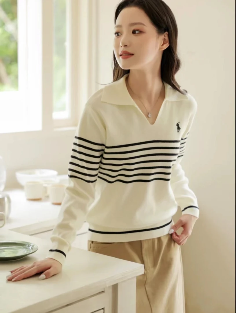 2024秋冬条纹针织打底衫新款polo领复古慵懒风长袖时尚百搭毛衣女