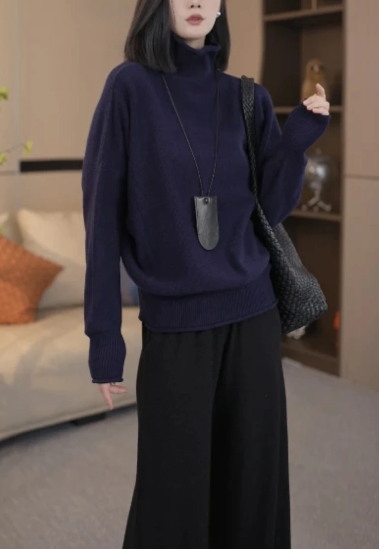 秋冬简约百搭减龄慵懒卷边领羊毛衫文艺松弛感高领长袖针织衫上衣