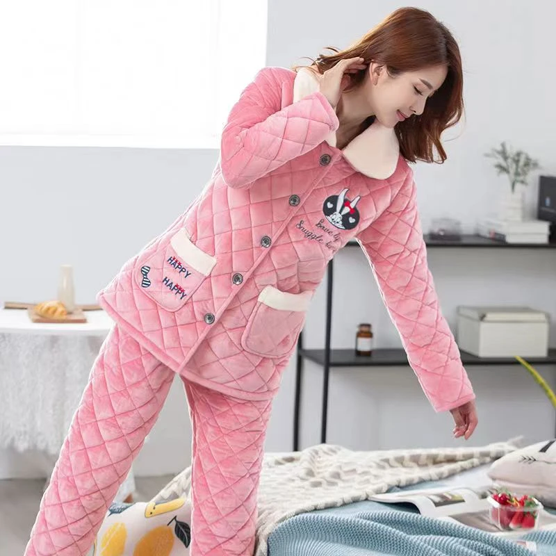 中长款睡衣女士冬季珊瑚绒三层加厚加绒夹棉法兰绒可爱家居服套装