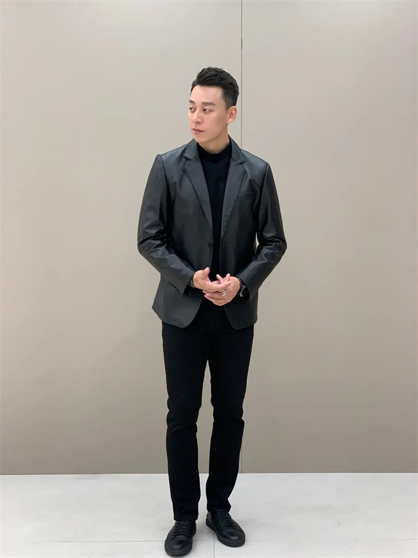 T&X/梯形2024男士春季时尚黑色休闲气质修身韩版绵羊皮西装（0057）