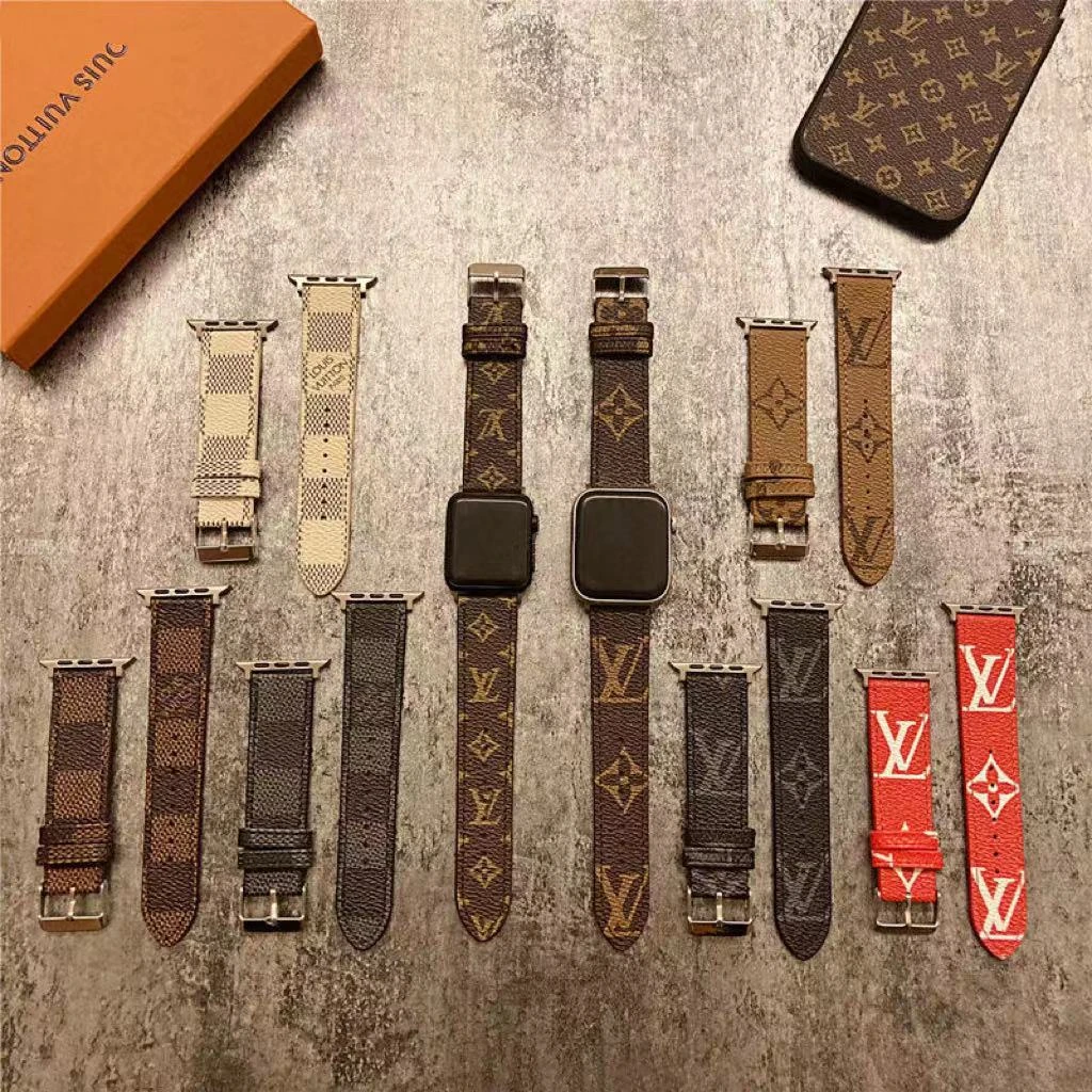 手表带适用 iwatchS7/6/5/4老花潮牌皮男女款41/44/45MM