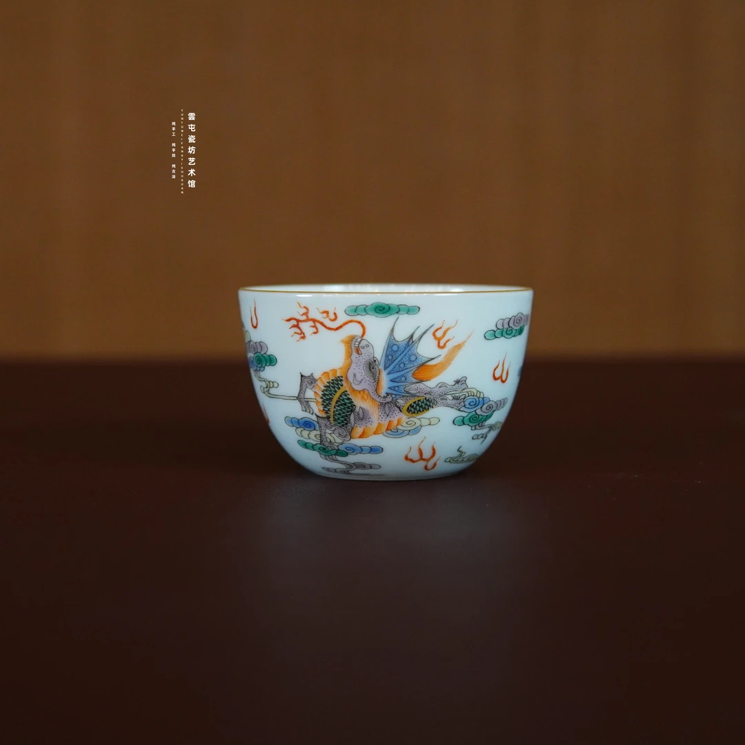 预拍五彩圣兽卧足缸杯陶瓷主人杯纯手绘珐琅彩描金禅定杯名窑矾红