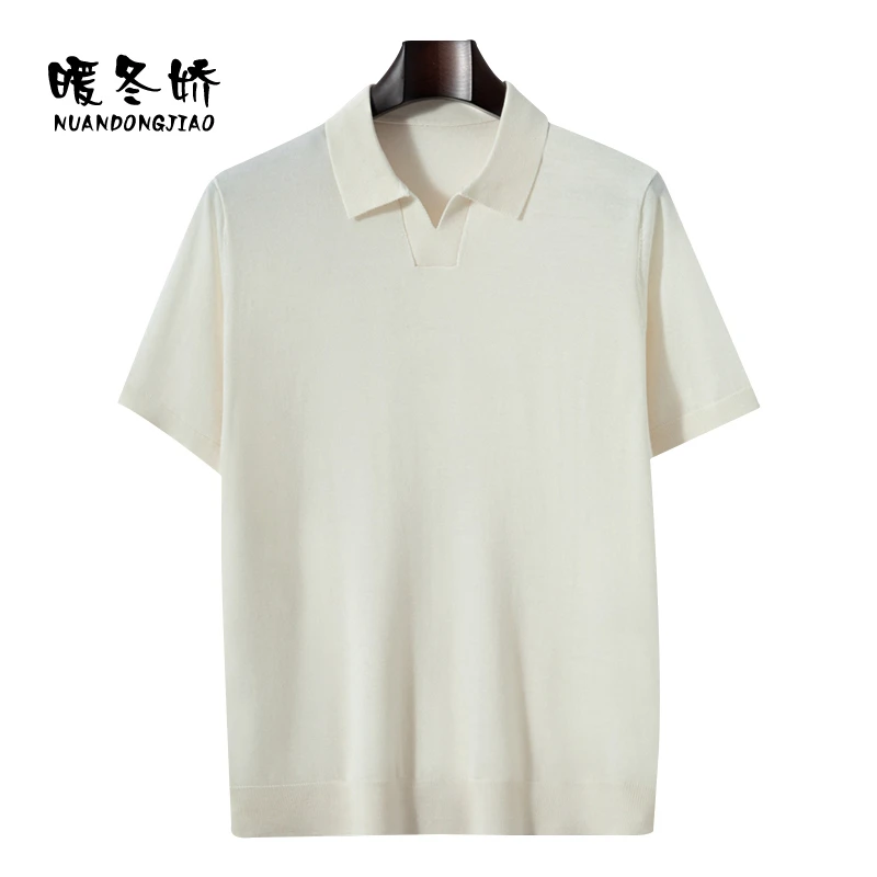 【100%纯山羊绒】68支3股精纺男士POLO开叉领短袖T恤针织半袖