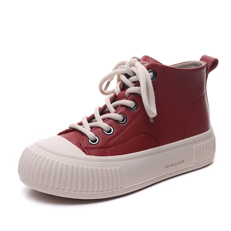 秋冬新款头层牛皮小白鞋增高高帮平底女鞋