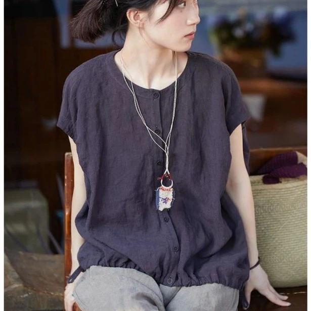 夏款紫竹灰亚麻布小圆领开门襟短袖小衫短款文艺中式百搭禅意宽松