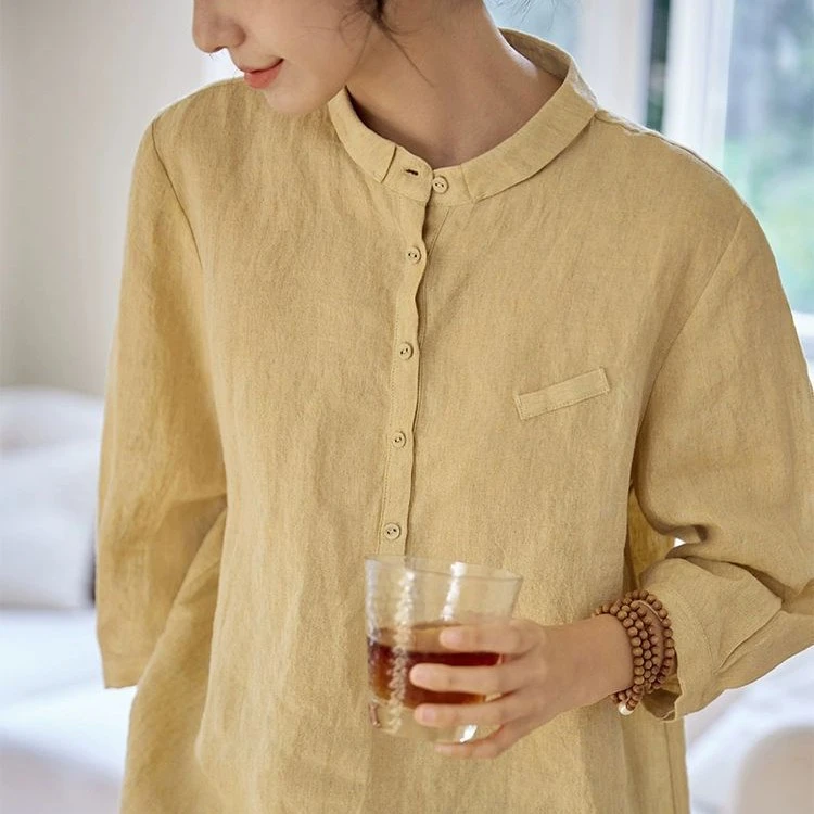 春夏秋三季可穿亚麻衬衫宽松显瘦百搭减龄套头衫