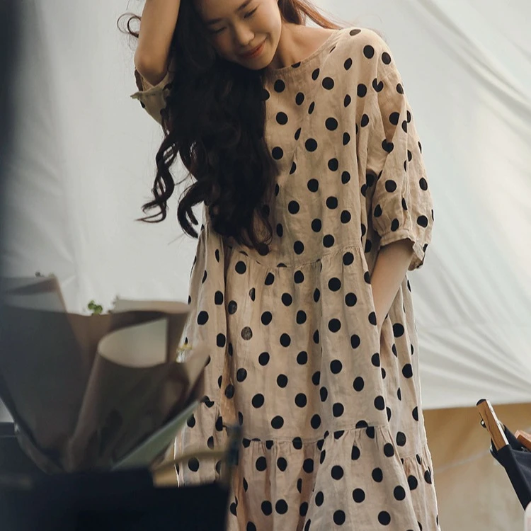 春夏秋三季可穿波点亚麻五分袖套头蛋糕裙宽松文艺中长连衣裙
