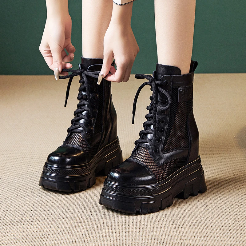 网面镂空马丁靴女内增高10cm高跟松糕厚底罗马凉靴头层牛皮短靴子