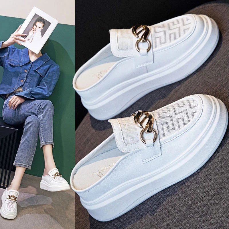 8CM半拖鞋女网纱面透气2025新款夏季厚底真皮包头外穿凉拖内增高