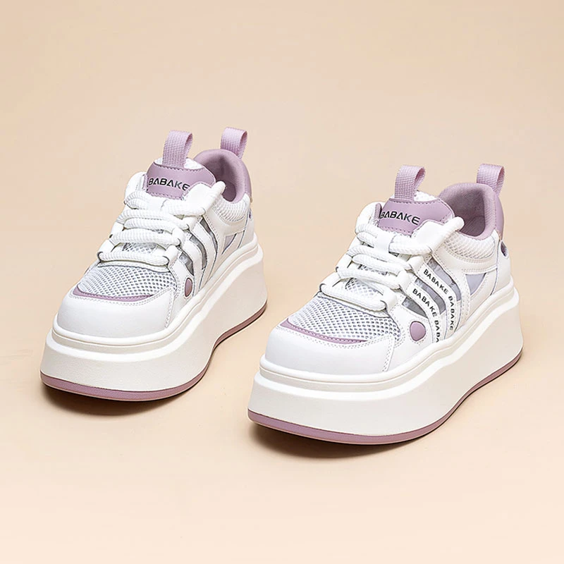 真皮透气镂空小白鞋女超轻2025夏季百搭厚底休闲运动凉鞋松糕女鞋