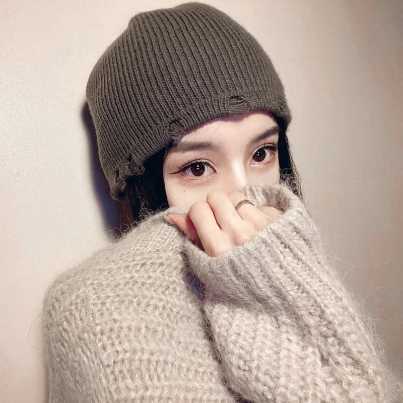 深咖色气质破洞毛线帽子韩版ins潮保暖百搭冷帽日系乞丐帽针织帽