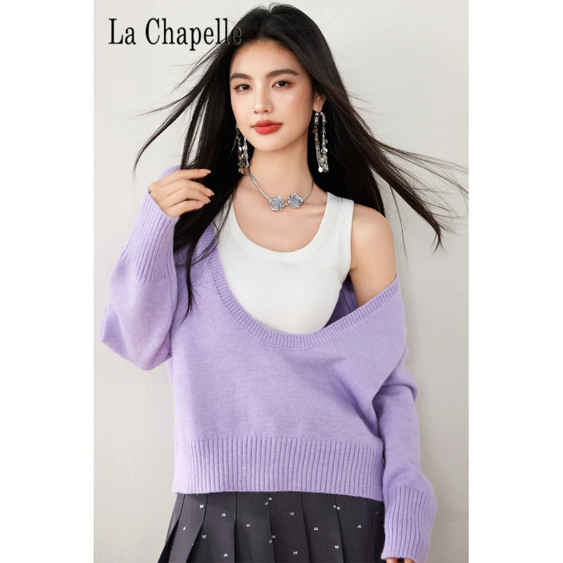 拉夏贝尔紫色百搭V领秋冬长袖针织衫女秋季宽松时髦感毛衣上衣