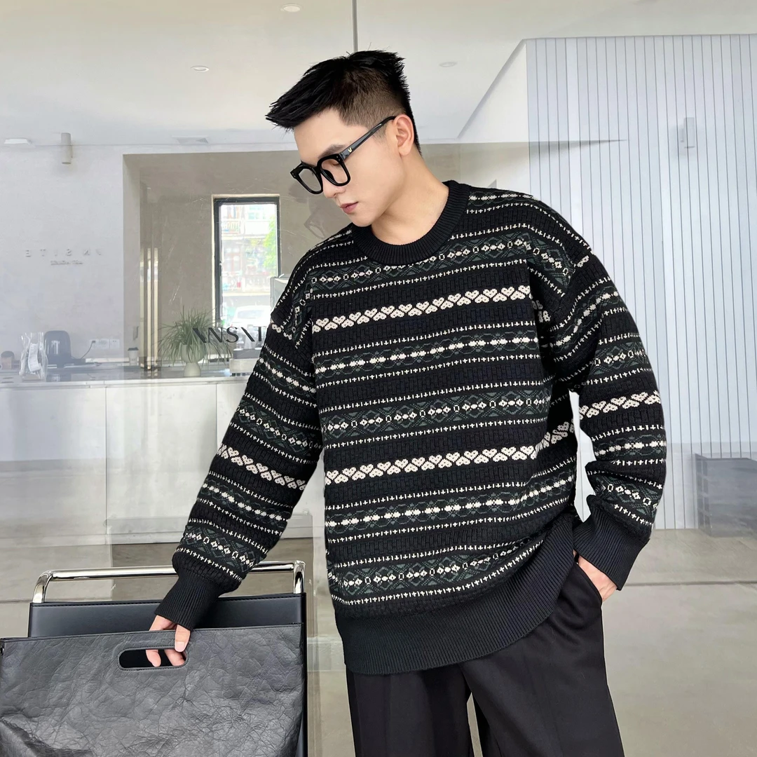 二十二号穿搭【北欧民族风毛衣】慵懒风条纹圆领毛衣男士保暖针织衫
