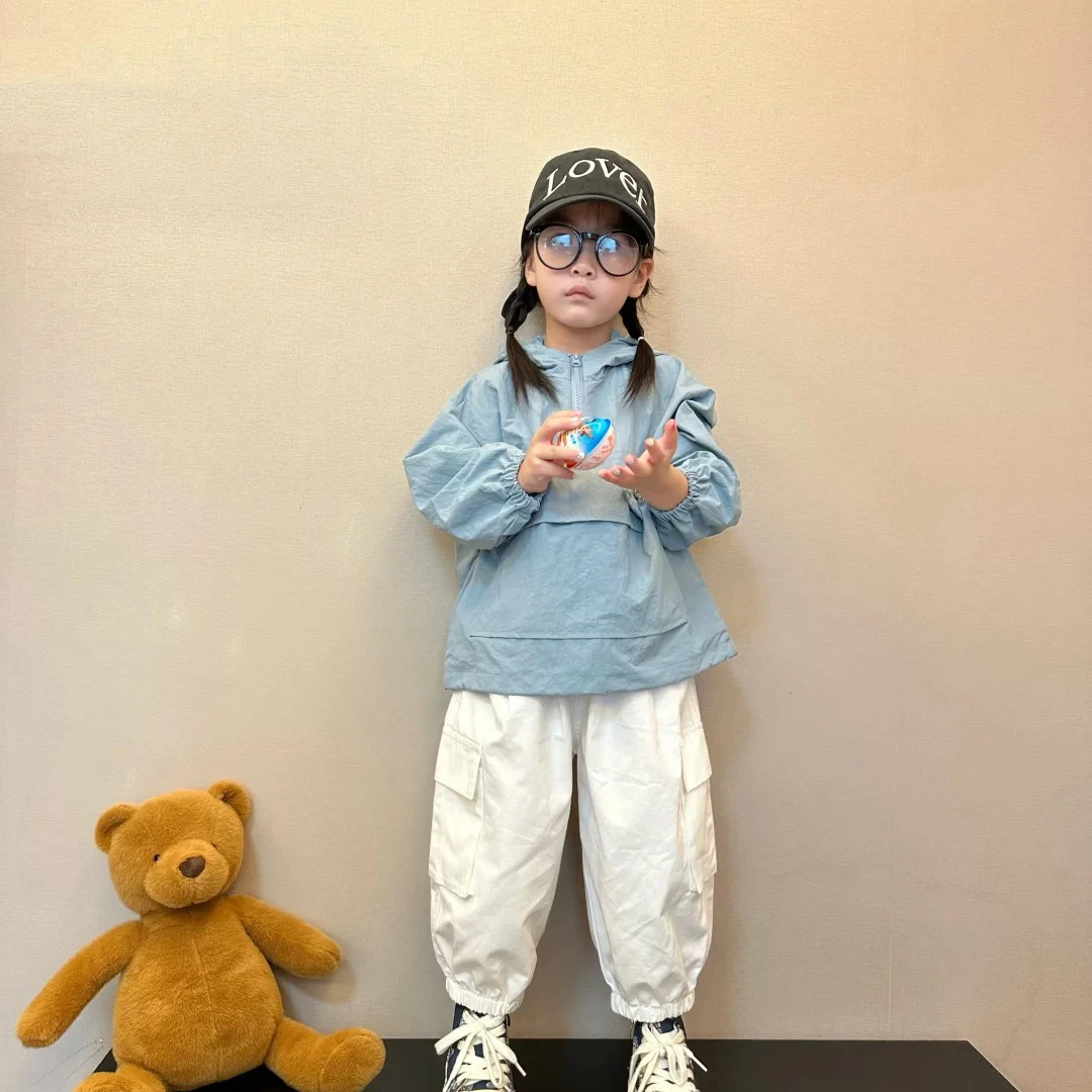 儿童女童套装套头连帽冲锋衣外套两件套男女宝休闲工装裤套装