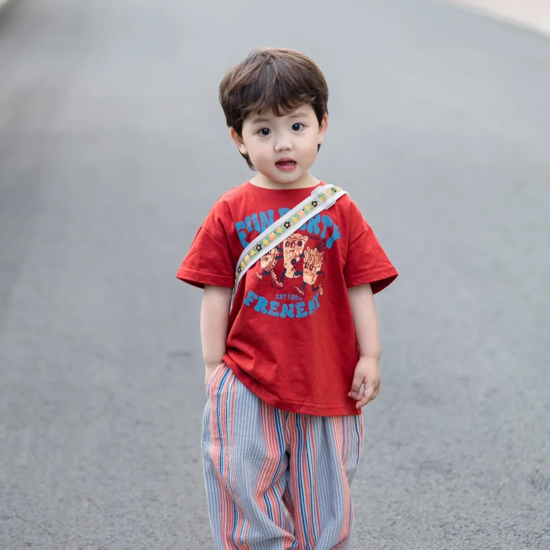 男童夏季新款卡通动漫印花T恤短袖套装男女宝细彩条防蚊休闲裤潮