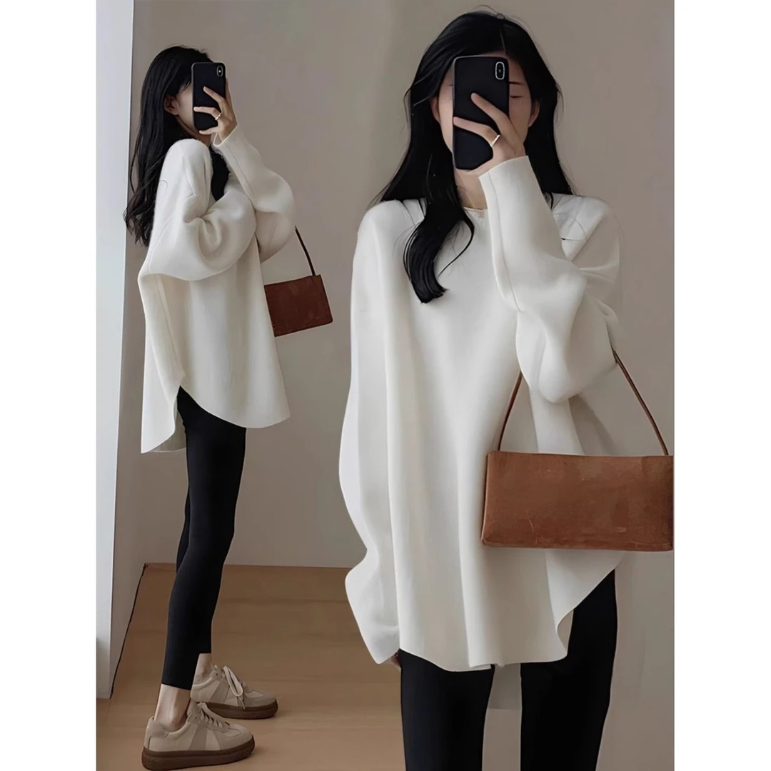 春秋冬中长款白色宽松德绒长袖t恤女圆弧形打底衫配鲨鱼裤的上衣