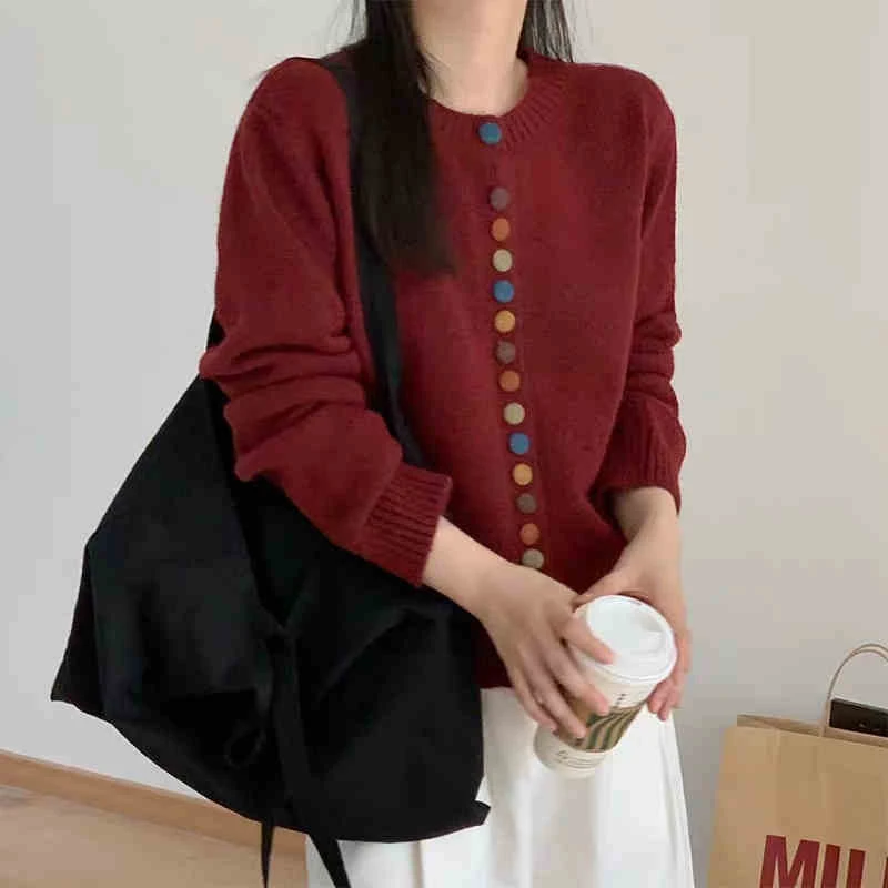 韩系开衫外套女彩色扣子复古毛衣百搭减龄洋气长袖圆领宽松显瘦