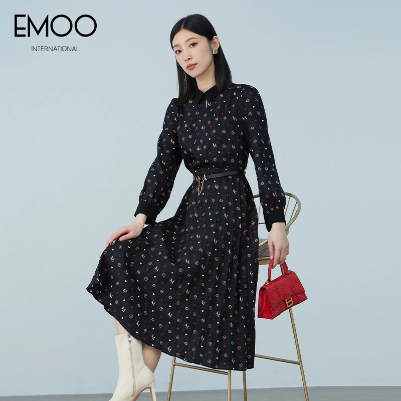 EMOO/杨门黑色长袖连衣裙时尚长裙a字通勤长款收腰春季E12L033052
