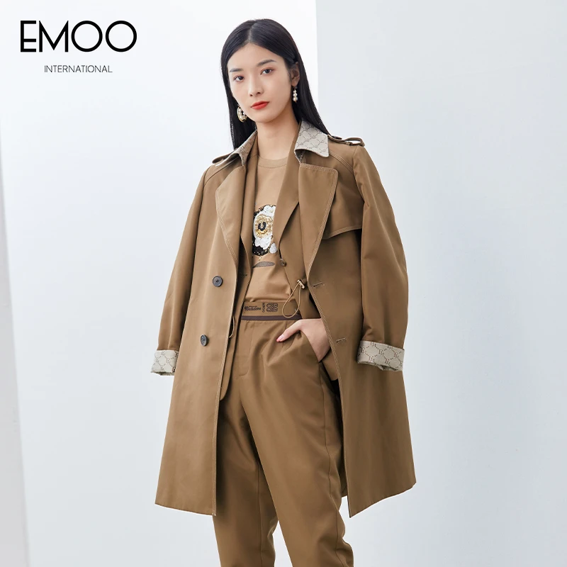 EMOO/杨门时尚气质收腰拼接咖啡长袖长风衣（附腰带）E12F033006