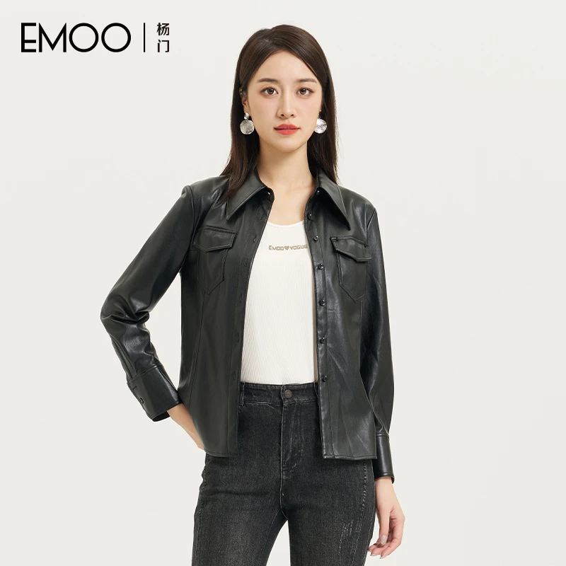 EMOO/杨门黑色皮外套上衣女单排扣短款时尚皮衣衬衫领E33H015494