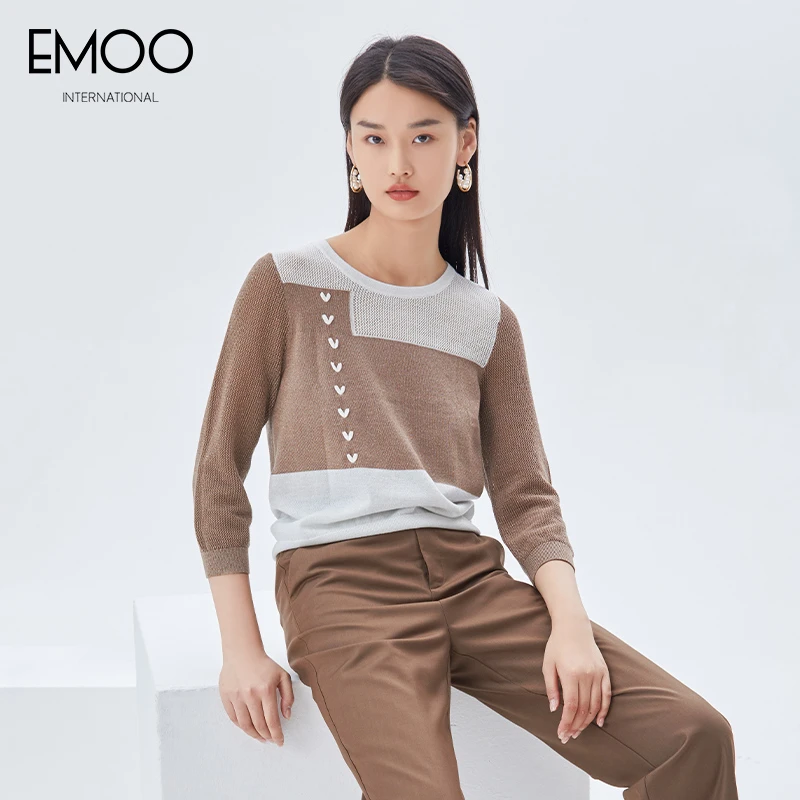 EMOO/杨门驼色长袖套头毛衫圆领拼色春季毛衣撞色打底E12A011283
