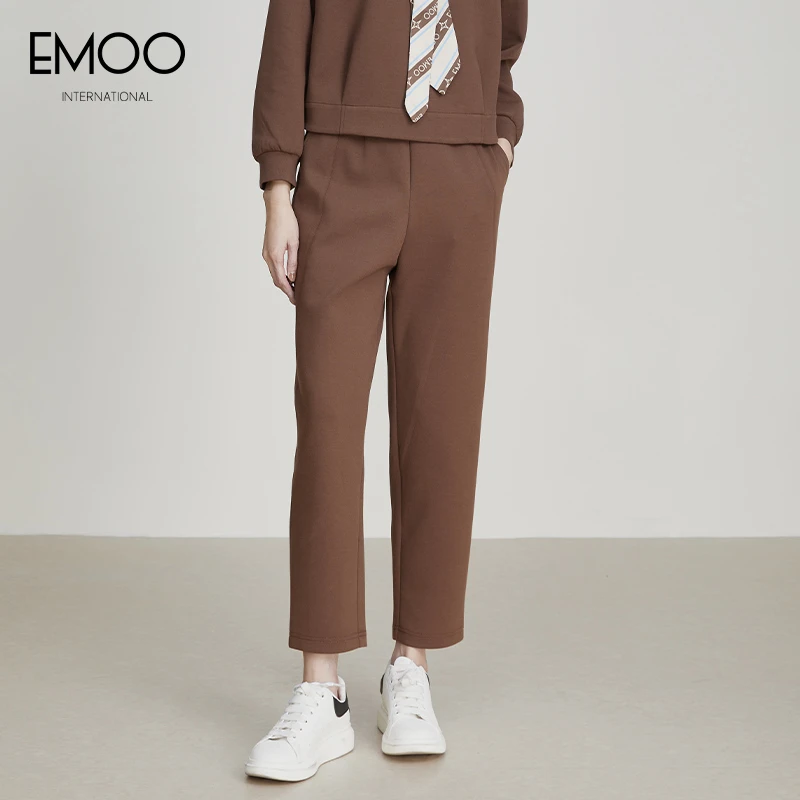 EMOO/杨门针织咖色卫裤哈伦裤直筒舒适百搭春季休闲E13B072232