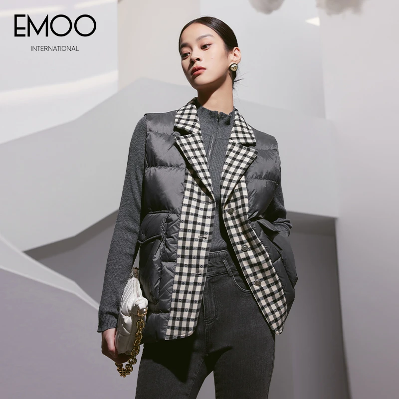 EMOO/杨门冬季羽绒马夹女气质马甲秋冬格纹短款时尚E42M049354