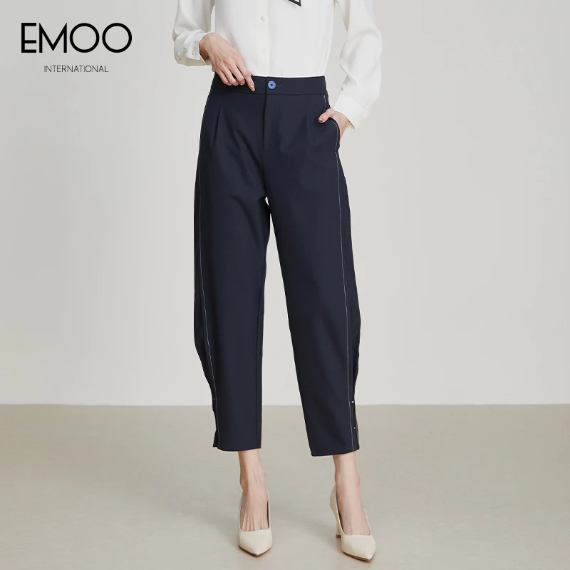 EMOO/杨门高腰藏青色哈伦裤女8分裤女士休闲裤2024春装E13B073246