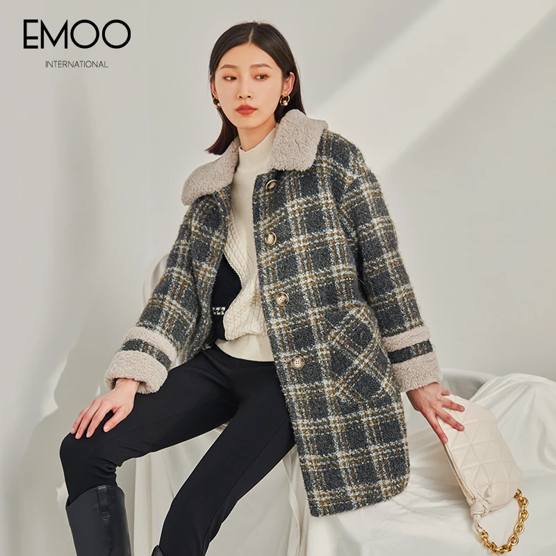 EMOO/杨门格纹毛呢大衣女格子外套中长款冬季加绒保暖E42W223315