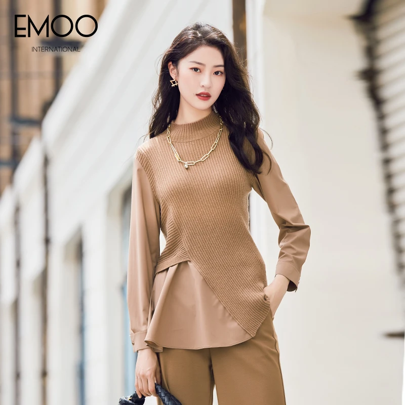 EMOO/杨门打底秋冬时尚气质假两件拼接半高领针织衫女E31T033115