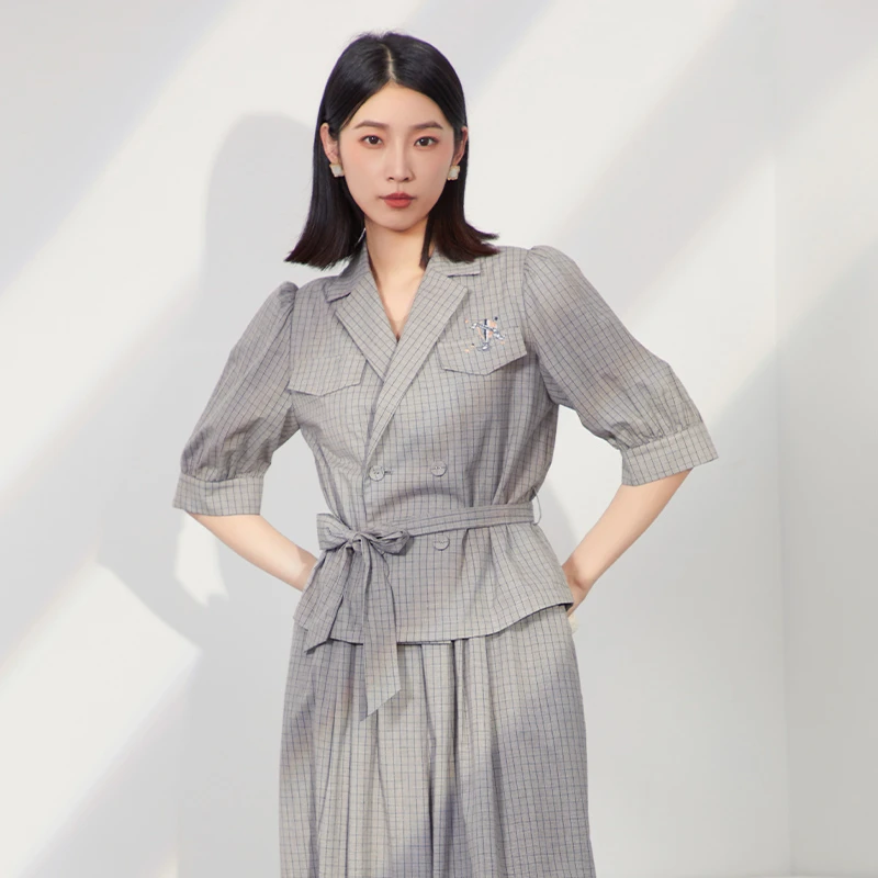 EMOO/杨门格子短外套女通勤气质格纹西装领上衣职业E13W163476