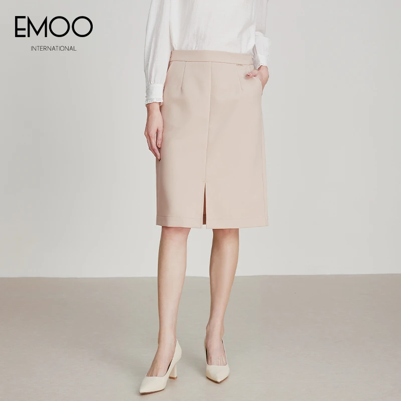 EMOO/杨门通勤半身裙高腰卡其色中裙直筒裙2024春季E13C023348