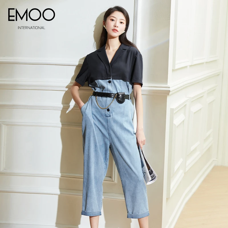 EMOO/杨门牛仔蓝女装长连体裤夏季休闲时尚宽松拼色E22B034429